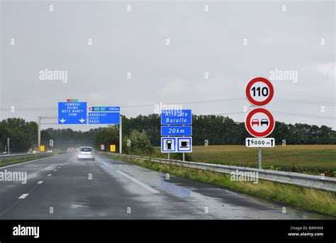 French A26 Motorway Signs For Directions Speed Limits And Rest Area