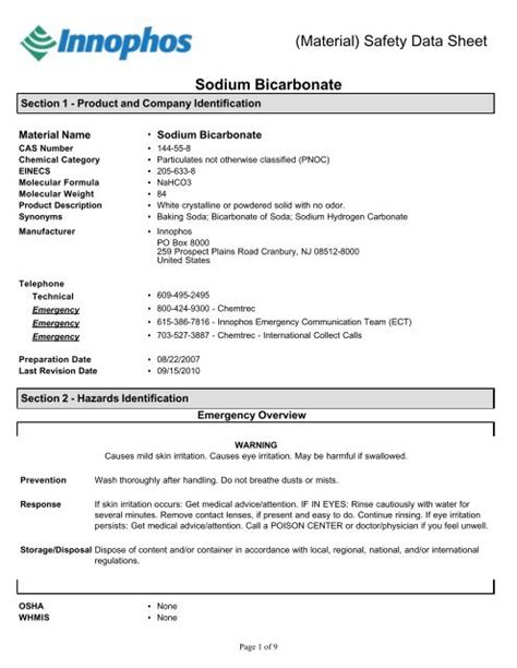 Safety Data Sheet Sodium Bicarbonate Plc 43 Off