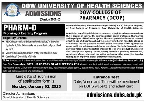 Dow University Of Health Sciences Duhs Doctor Of Pharmacy Pharm D