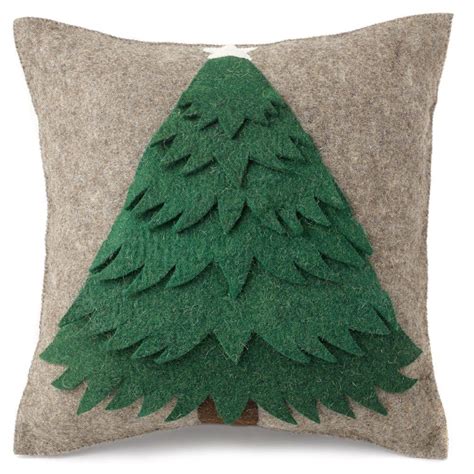 Handmade Christmas Pillow In Hand Felted Wool Green Tree On Gray 20