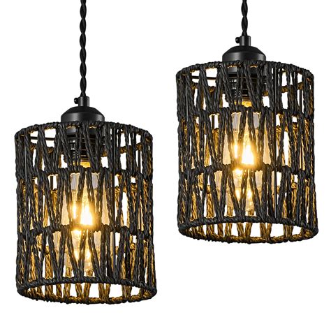 Bnhhlz Black Woven Pendant Lights Boho Hanging Lamp Rattan Chandelier