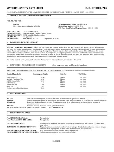 Material Safety Data Sheet 15 15 15 Fert Pdf Water Fertilizer