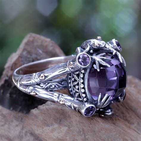 Amethyst Sterling Silver Ring with Gold Accents - Tropical Frogs | NOVICA