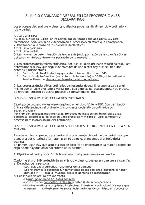 Juicio Ordinario Y Verbal II EL JUICIO ORDINARIO Y VERBAL EN LOS