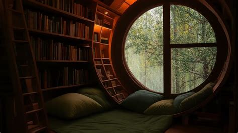 Cozy Attic Cabin In Rainy Season With Raindrops On Glass Windows Quiet