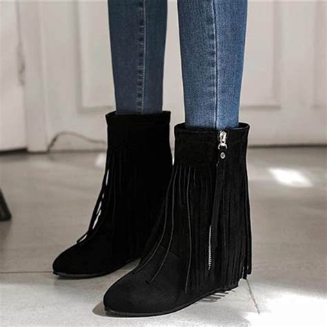 VKEKIEO Boots For Women Ankle Booties Flat Toe Flat Heel Booties Tassel