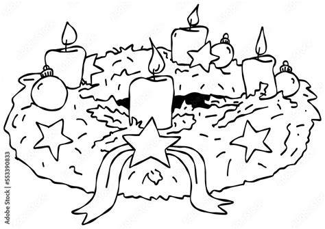 Adventskranz Malvorlage Zum Ausmalen Kerzen Brennen Illustration Stock