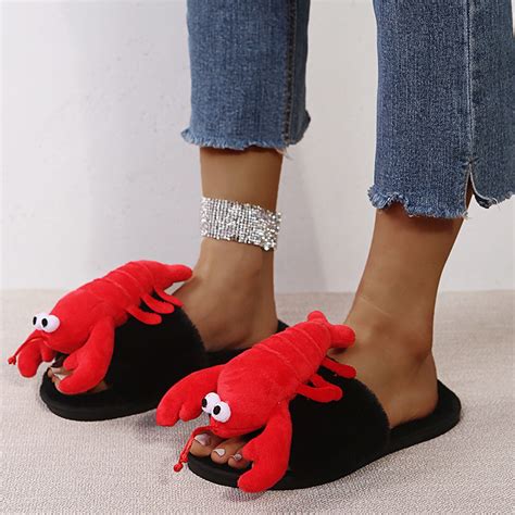 Yolai Ladies Fashion Cute Plush Lobster Open Toe Flat Casual Warm Furry