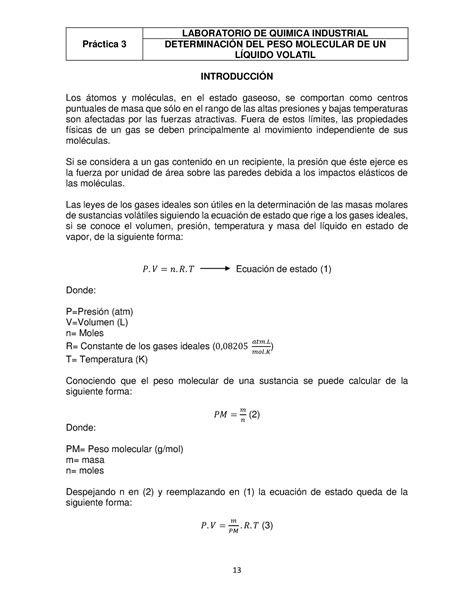 3 Gases Ideales Práctica 3 DeterminaciÓn Del Peso Molecular De Un LÍquido