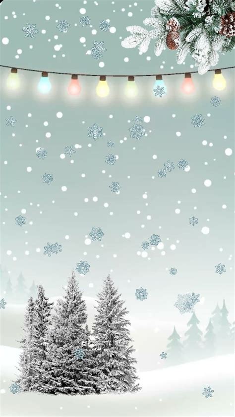 A Snowy Scene With Christmas Lights And Trees