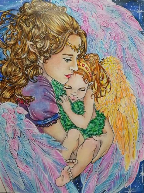 A Painting Of An Angel Holding A Baby In Her Arms With Stars Behind It