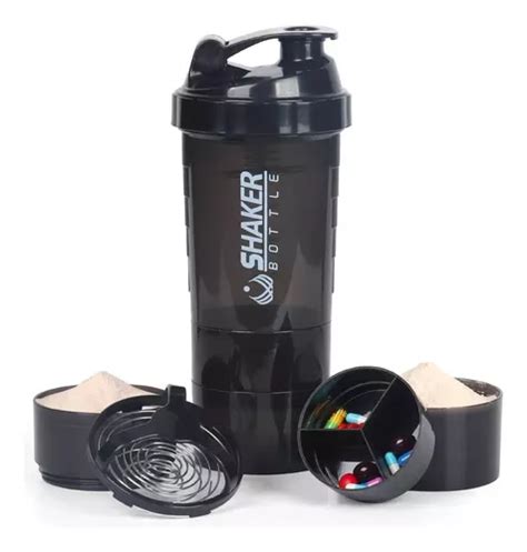 Garrafa de agitador de proteína Black Shaker Bottle Gym 3 em 1 Agitador