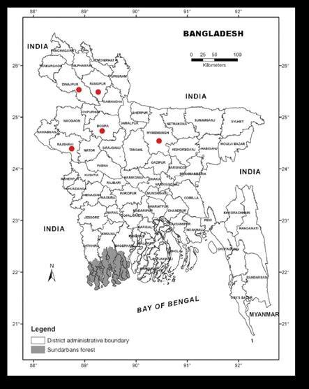 Bangladesh districts map and "red point "indicates research locations ...