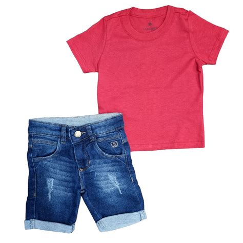 Conjunto Bermuda Infantil Jeans Camiseta B Sica Vermelha