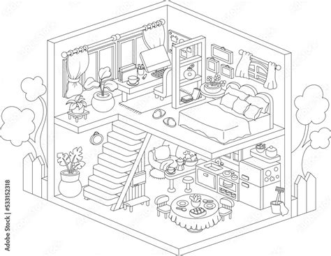 Vector isometric 3d house interior. Cute line home illustration with ...