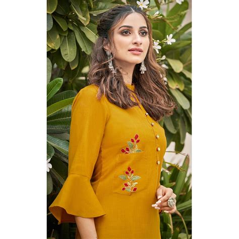 Mustard Yellow Casual Wear Embroidered Cotton Palazzo Suit