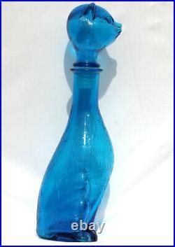 Vintage Mid Century Modern Empoli Aqua Teal Blue Glass Cat Bottle