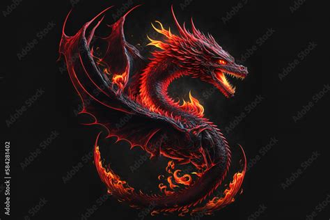 Full Length Angry Red Dragon With Big Wings And Fire On Black