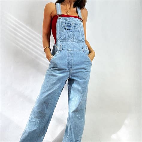 Vintage denim overalls 90s light wash wide leg... - Depop