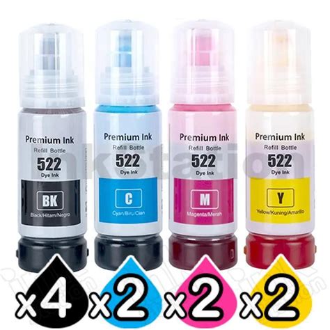 Epson 10 Pack Compatible T522 EcoTank Ink Bottle 4BK 2C 2M 2Y Ink