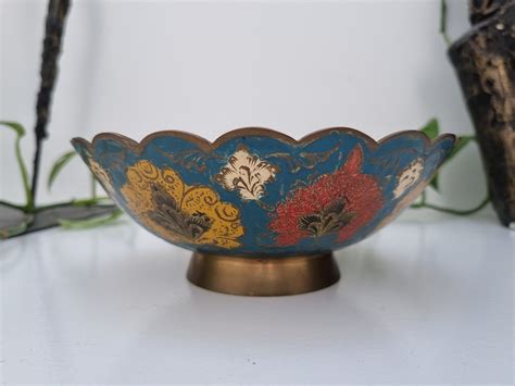 Vintage Indian Brass And Enamel Bowl With Scalloped Edge And Etsy UK