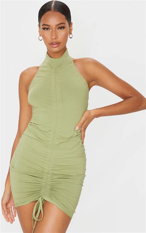 Sage Green Ruched Front Halterneck Bodycon Dress Prettylittlething