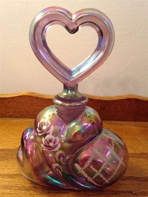 Beautiful Fenton Art Glass Hand Painted Amethyst Purple Iridized Glass Perfume Bottle Heart