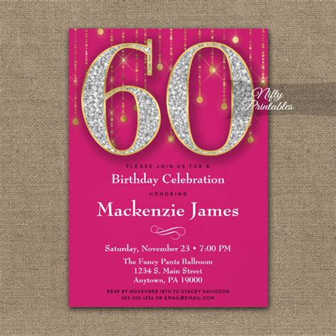 60th Birthday Invitations Pink Gold Diamonds Adult Nifty Printables