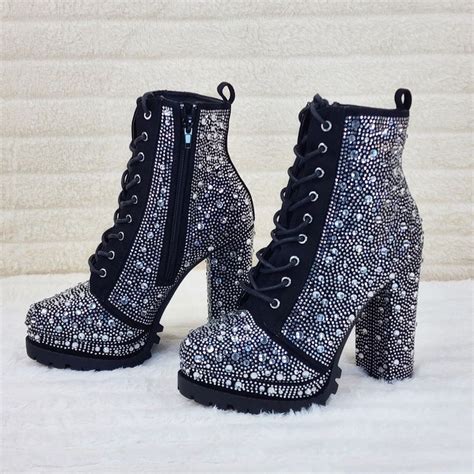 Wild Diva Vivian 15a Rhinestone Chunky Heel Platform Ankle Boots Black Heels Platform Heels