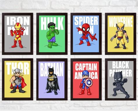 Safari Art Set of 8 Superhero Wall Art for Kids Room- Personalized Avengers Wall Art Prints ...