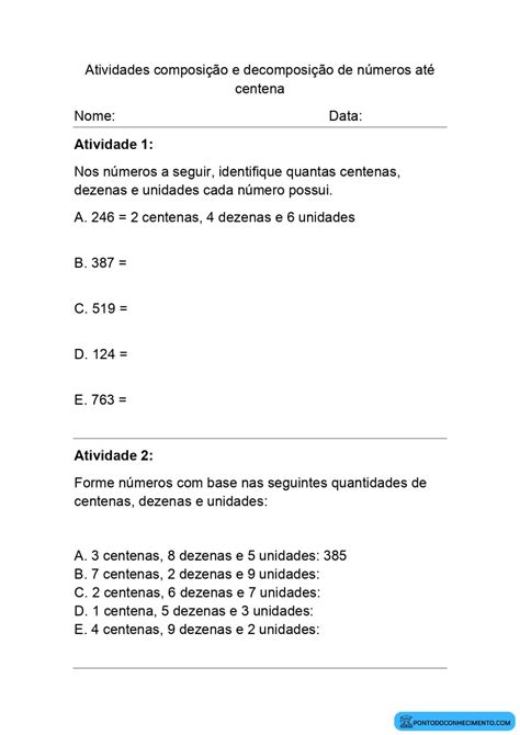 Atividades Composição E Decomposição De Números Até Centena Ponto Do Conhecimento