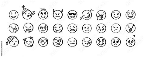 Doodle Emoji Set Hand Drawn Sketch Vector Illustration Pack Of Different Expressions Emoticons