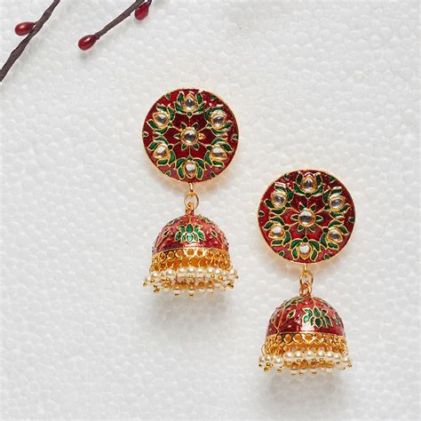 Buy Panash Red Gold Toned Kundan Meenakari Dome Shaped Jhumkas Online