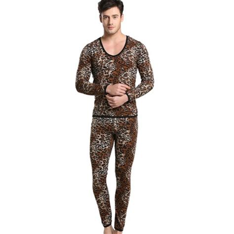 Men Cotton Thermal Set Underwear Wild Leopard Print Suit Keep Warming