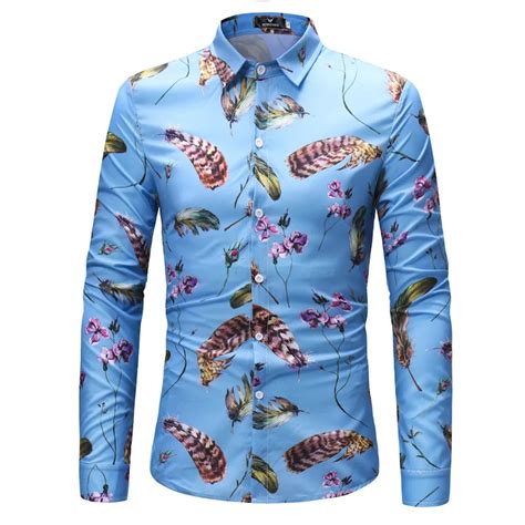 Mens Floral Print Shirt Stylish Slim Fit Long Sleeve Shirt Men Casual