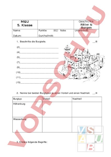 Arbeitsblatt Ritter Und Burgen Test Geschichte Mittelalter