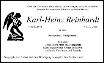 Traueranzeigen Von Karl Heinz Reinhardt Trauer Nn De