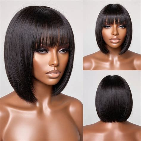 Realistic Glueless Natural Black Yaki Straight Bob With Bangs Wig 10