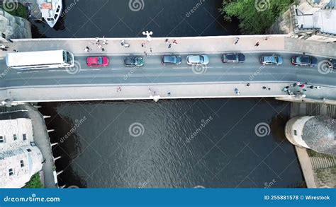 Time Lapse Drone Shot Over a Bridge on River with Cars and People ...