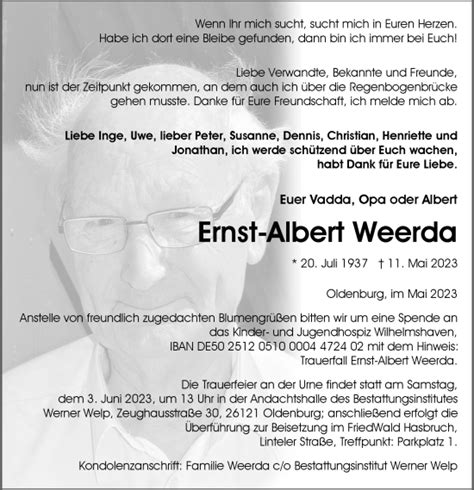 Traueranzeigen Von Ernst Albert Weerda Nordwest Trauer De