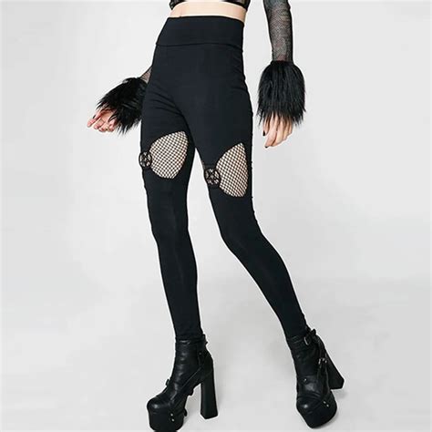 Women Leggings Casual Gothic Black Chic Cool Punk Style Thin Plain Hollow Patchwork Female