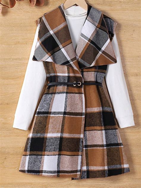 Shein Tween Girl Plaid Print Waterfall Collar Coat Tee Without Belt