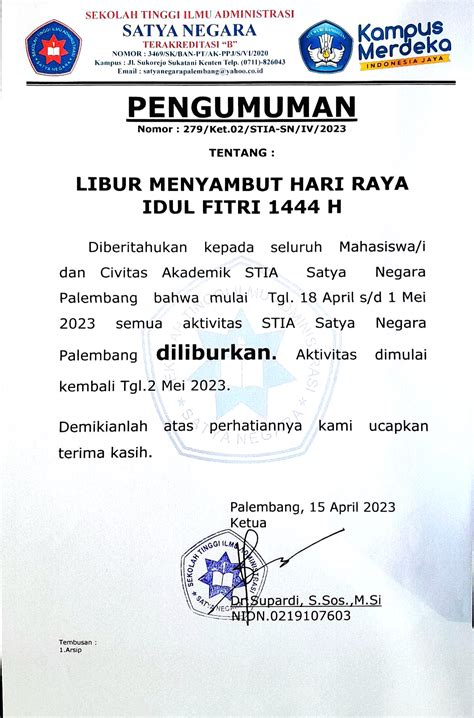 Pengumuman Libur Menyambut Hari Raya Idul Fitri 2023 Stia Satya Negara