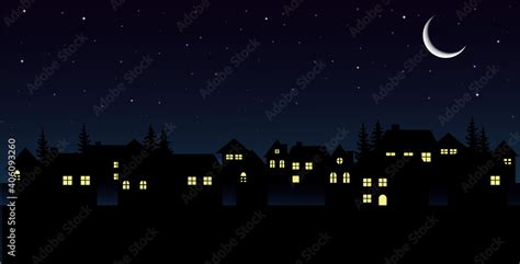 vector illustration of a night city.Vintage town at night.Night sky with moon with house ...