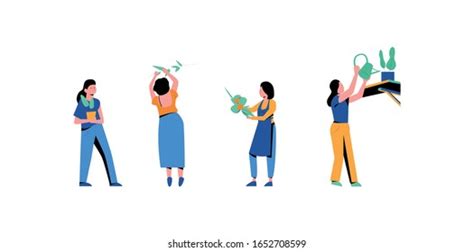 Set People Taking Care Plants Isolated Stock Vector Royalty Free