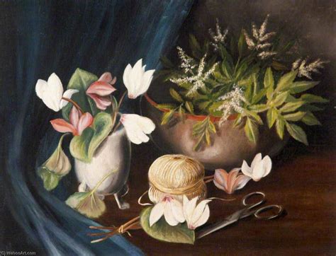 Oil Painting Replica Still Life Of Cyclamen Astilbes And Scissors By