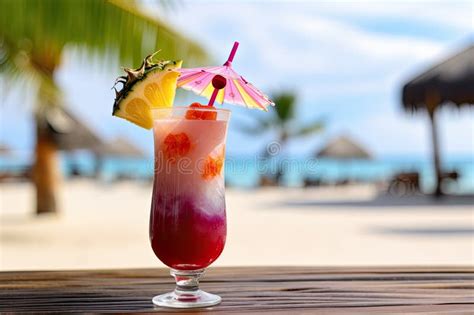 A Close Up Shot Of A Colorful Tropical Cocktail On A Beachside Bar