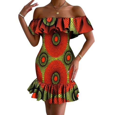 Bintarealwax African Dress For Women Summer Off Shoulder Ruffle Bodycon