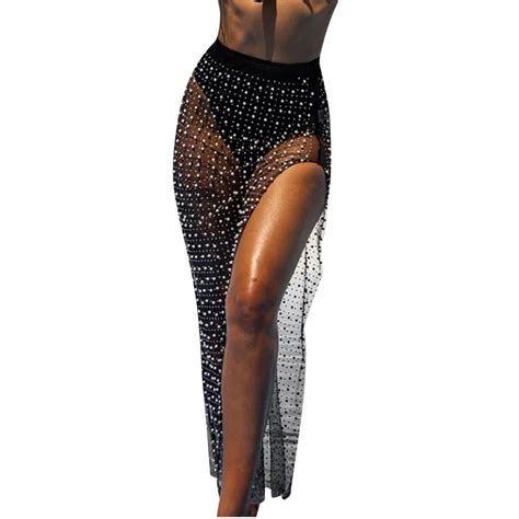 Sexy Women S Sheer Mesh Pearl Rhinestone Side Split Maxi Skirt Summer