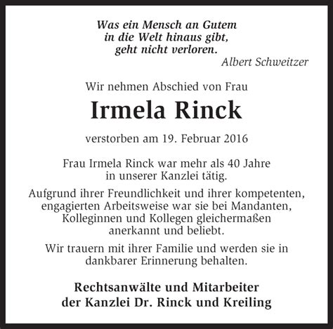 Traueranzeigen Von Irmela Rinck Trauer Kreiszeitung De